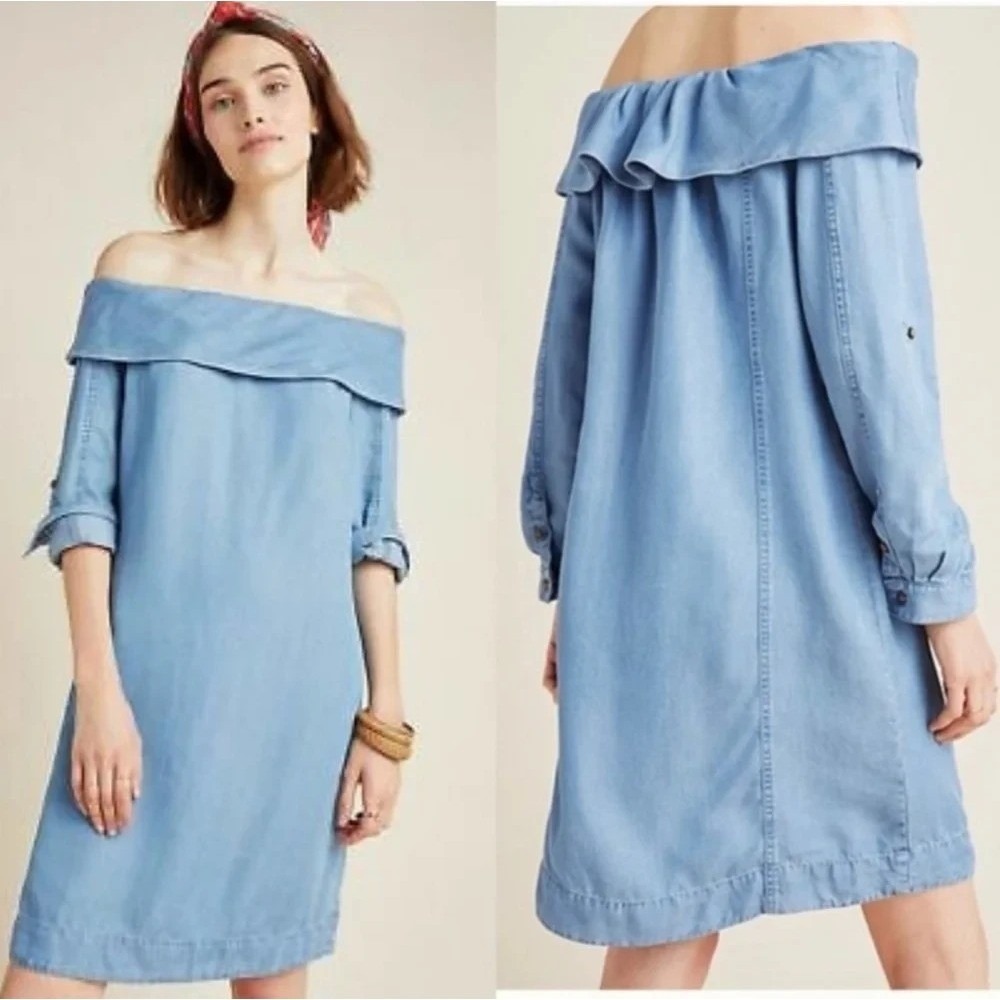 Pilcro Anthropologie Dress Size 8 Chambray Off Shoulder Lyocell Midi Boho